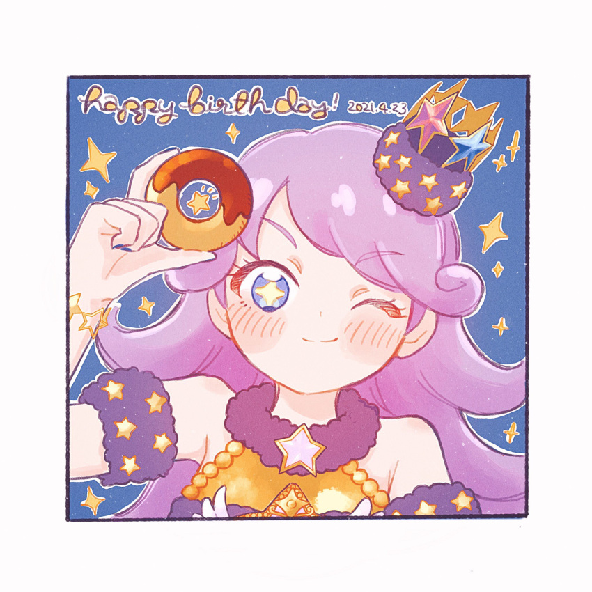 1girl ;) bare_shoulders blue_eyes border closed_mouth commentary_request crown dated doughnut food hand_up happy_birthday highres holding holding_food kiratto_pri_chan long_hair looking_at_viewer one_eye_closed poro_(pweedro) pretty_series purple_hair shido_mel smile solo sparkle star_(symbol) upper_body white_border