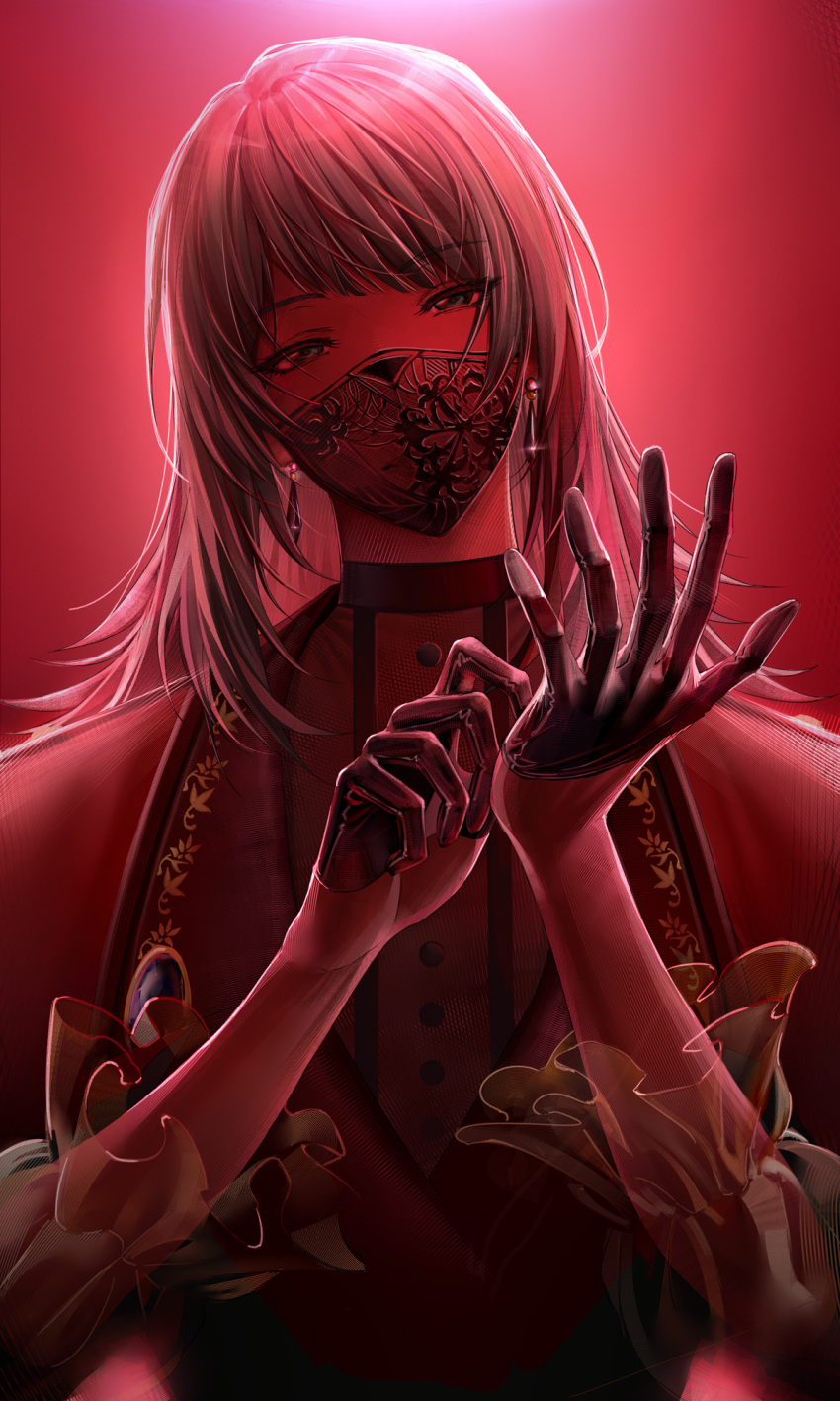 1girl bang_dream! bang_dream!_it's_mygo!!!!! black_gloves black_hair commentary de_mo_ne earrings gloves green_eyes head_tilt highres jewelry long_sleeves looking_at_viewer mask medium_hair mouth_mask putting_on_gloves red_theme solo sparkle upper_body yahata_umiri