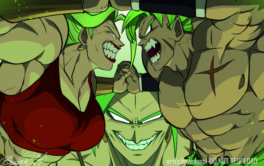 1girl 2boys abs bahnloopi biceps bracer breasts broly_(dragon_ball_super) broly_(dragon_ball_z) crop_top dragon_ball dragon_ball:_sparking! dragon_ball_super dragon_ball_super_broly dragon_ball_z earrings evil_smile fangs glowing glowing_eyes green_hair highres jewelry kale_(dragon_ball) legendary_super_saiyan multiple_boys muscular muscular_female muscular_male open_mouth pectorals red_lips smile super_saiyan topless_male