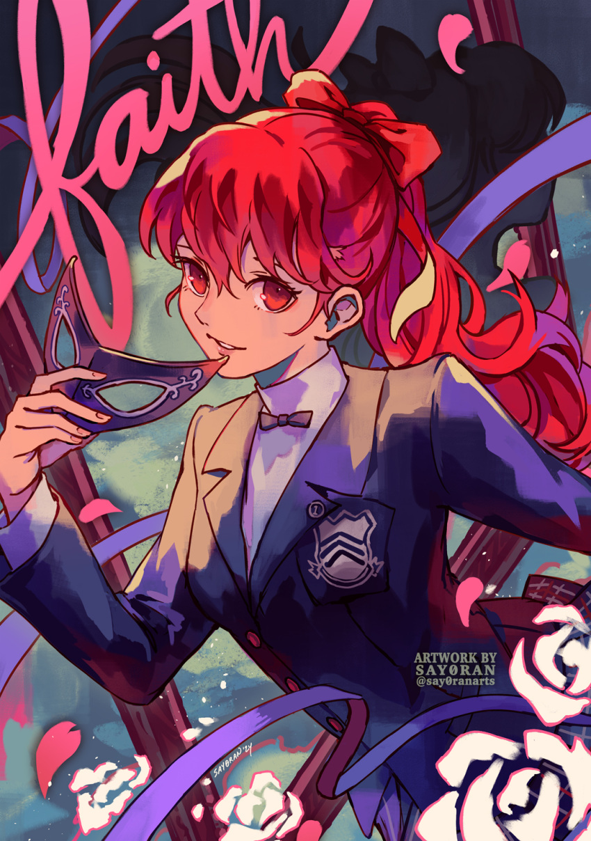 1girl artist_name black_bow black_bowtie black_suit bow bowtie commentary eyelashes flower hair_bow highres long_hair mask persona persona_5 persona_5_the_royal petals red_bow red_eyes redhead say0ran smile solo suit teeth twitter_username unworn_mask white_flower yoshizawa_kasumi