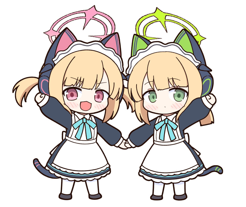 2girls achilles_(yosshyachillesd) animal_ear_headphones animal_ears apron black_dress black_footwear blonde_hair blue_archive blush cat_tail closed_mouth dress fake_animal_ears green_eyes green_halo halo headphones highres long_sleeves looking_at_viewer maid maid_apron maid_headdress midori_(blue_archive) midori_(maid)_(blue_archive) momoi_(blue_archive) momoi_(maid)_(blue_archive) multiple_girls official_alternate_costume open_mouth pantyhose pink_halo red_eyes shoes short_hair siblings simple_background sisters smile tail twins white_apron white_background white_pantyhose