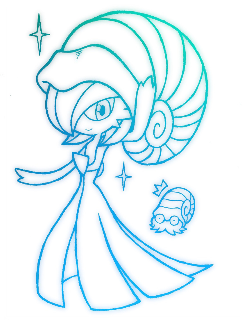 bob_cut dress envi55109095 gardevoir hair_over_one_eye highres lineart looking_at_viewer omanyte pokemon pokemon_(creature) shell simple_background sketch smile sparkle spiral surprised white_background
