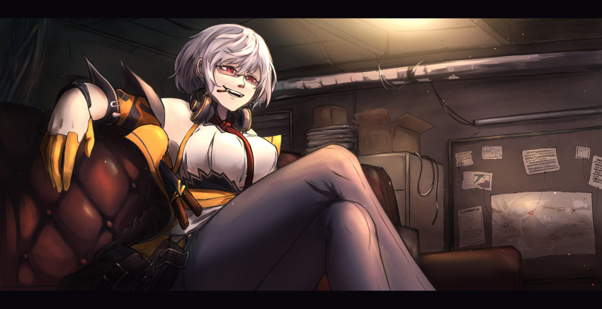1girl absurdres breasts couch gf_hatter girls_frontline glasses gloves half_gloves headphones headphones_around_neck highres indoors knife magazine_(weapon) necktie open_mouth pants red_eyes red_necktie sheath sheathed sitting smile solo teeth thompson_(girls'_frontline)