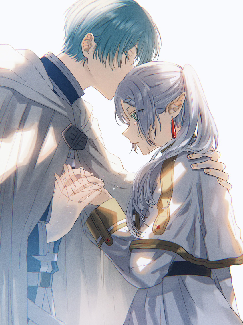 1boy 1girl blue_tunic capelet cloak closed_eyes closed_mouth collared_shirt colored_eyelashes commentary commentary_request crying dangle_earrings dress drop_earrings earrings elf frieren green_eyes grey_cloak hand_on_another's_back hetero highres himmel_(sousou_no_frieren) holding jewelry kiss kissing_forehead long_hair parted_bangs pointy_ears see-through shirt short_hair simple_background sousou_no_frieren tears twintails white_capelet white_cloak white_dress white_hair yoichi_hnkn