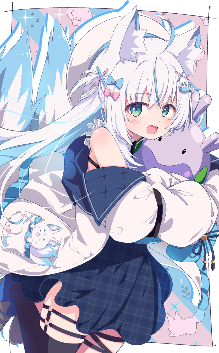 1girl absurdres ahoge animal_ear_fluff animal_ears black_thighhighs blue_hair blush bow character_request commission green_eyes hair_bow highres hugging_object long_hair multicolored_hair open_mouth shiro9jira skeb_commission skirt tail thigh-highs two-tone_hair virtual_youtuber white_hair