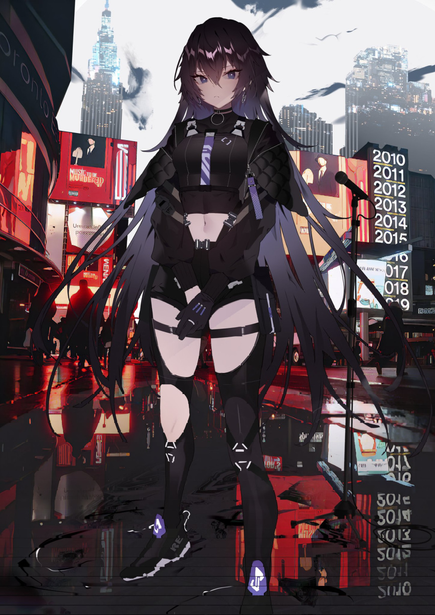 1girl asymmetrical_legwear belt black_belt black_footwear black_hair black_jacket black_thighhighs boots building city cityscape closed_mouth earrings full_body highres jacket jewelry kamitsubaki_studio koko_(kamitsubaki_studio) long_hair looking_at_viewer midriff navel outdoors science_fiction short_shorts shorts solo soukou_makura standing thigh-highs thigh_strap violet_eyes virtual_youtuber