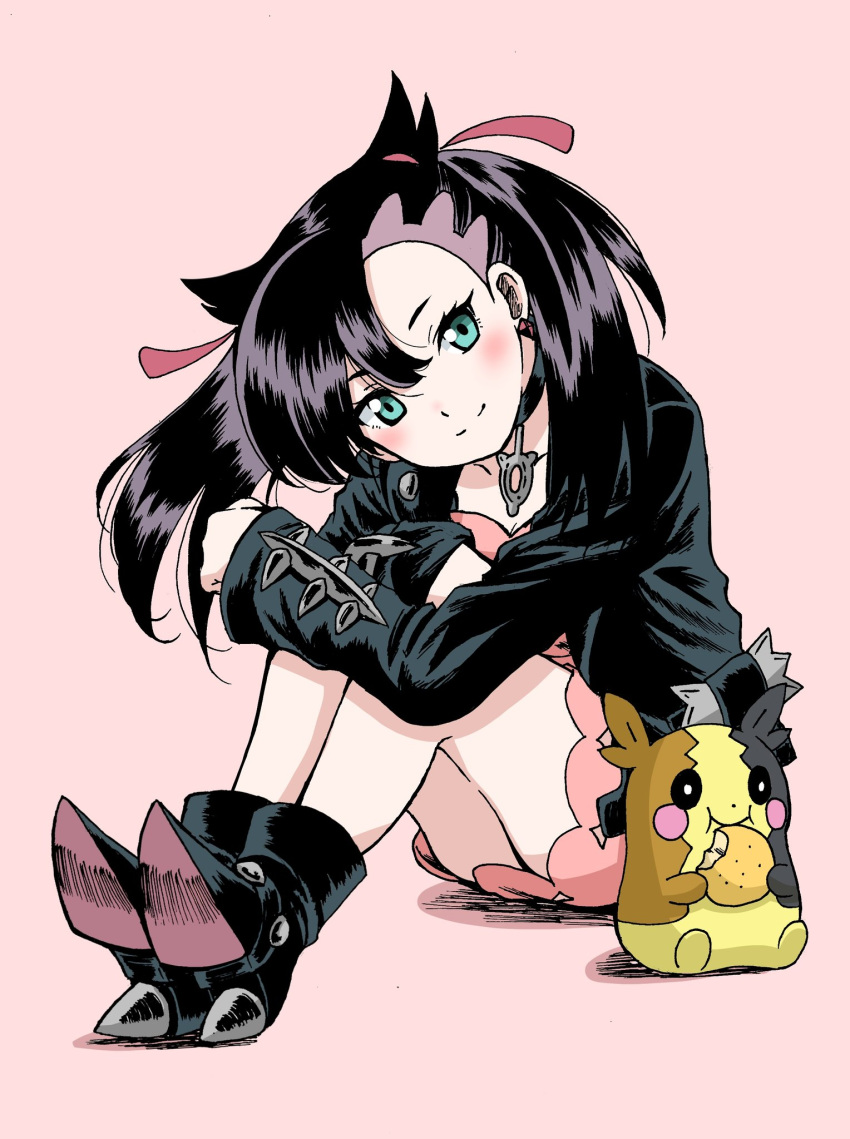 1girl aqua_eyes asymmetrical_bangs black_choker black_footwear black_hair black_jacket boots choker closed_mouth commentary_request dress eating emapippi food full_body highres holding holding_food jacket looking_at_viewer marnie_(pokemon) morpeko morpeko_(full) open_clothes open_jacket pink_background pink_dress pokemon pokemon_(creature) simple_background sitting sleeves_past_wrists smile twintails