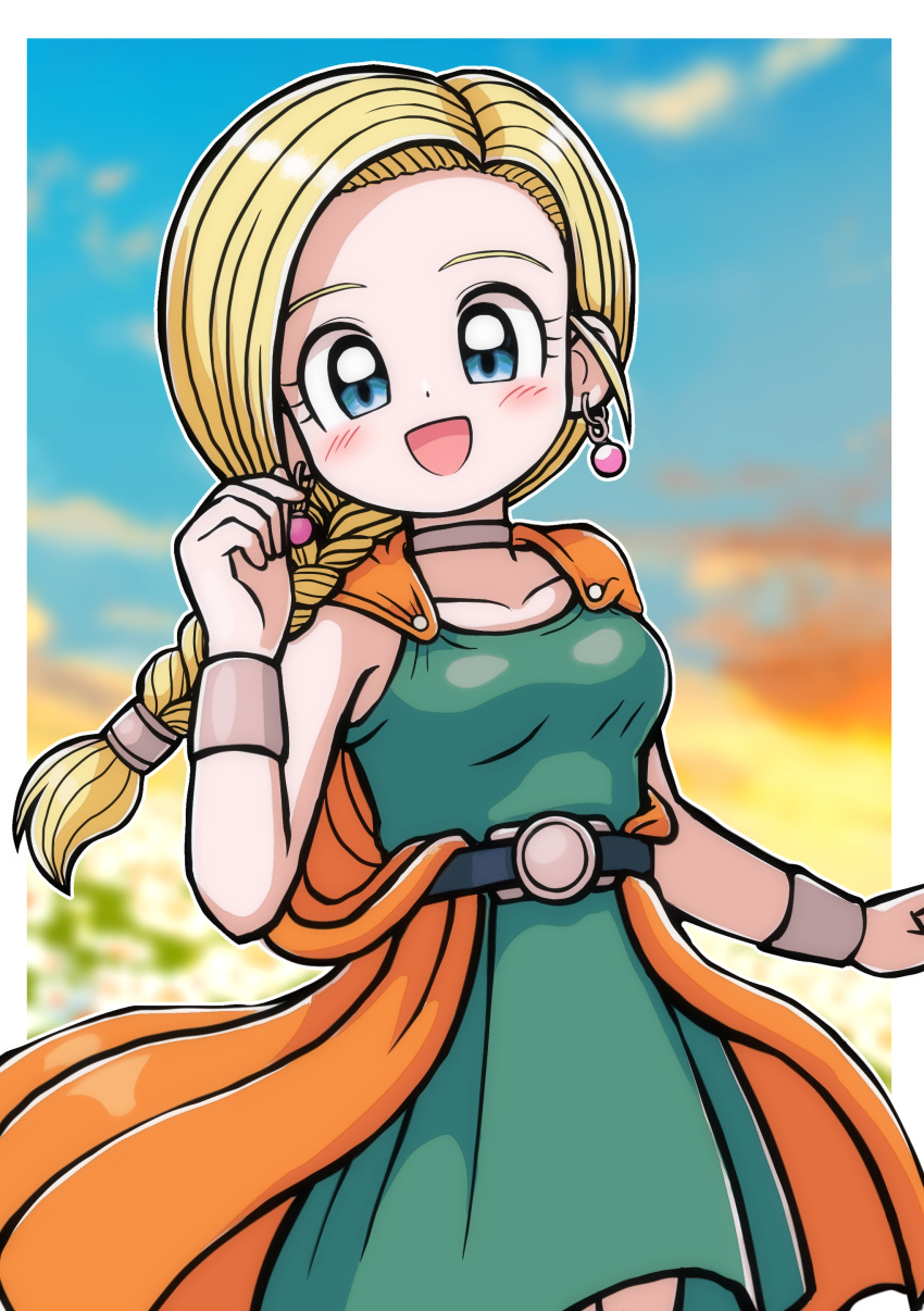 1girl absurdres belt bianca_(dq5) blonde_hair blue_eyes blue_sky blurry blurry_background blush border bracelet braid breasts cape clouds cloudy_sky collarbone commentary cowboy_shot dragon_quest dragon_quest_v dress earrings green_dress hand_up highres jewelry long_hair looking_at_viewer medium_breasts moyapippi neck_ring open_mouth orange_cape outdoors outside_border single_braid sky smile solo white_border
