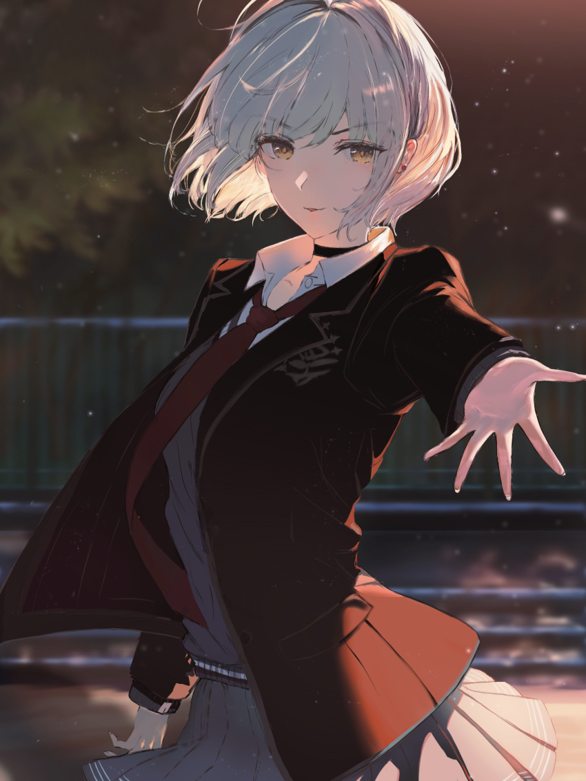 1girl black_choker black_jacket blazer blurry blurry_background brown_eyes choker collarbone collared_shirt fate/grand_order fate_(series) floating_hair grey_skirt grey_sweater highres jacket jeanne_d'arc_alter_(fate) long_sleeves looking_at_viewer miniskirt necktie open_clothes open_jacket outdoors pleated_skirt red_necktie shirt short_hair skirt slinkyxx smile solo standing sweater white_hair white_shirt wing_collar