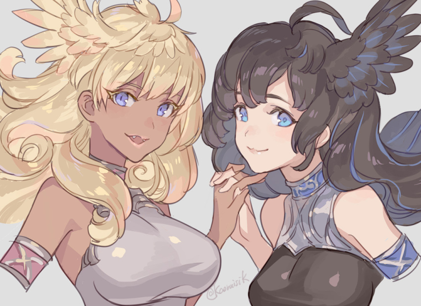 2girls :3 ahoge armlet artist_name bare_shoulders black_shirt blonde_hair blue_eyes breasts colored_eyelashes commentary_request curly_hair dark-skinned_female dark_skin fangs feathered_wings floating_hair granblue_fantasy grey_background grey_shirt halluel_(granblue_fantasy) head_wings holding_hands long_hair looking_at_viewer malluel_(granblue_fantasy) medium_breasts messy_hair multiple_girls open_mouth portrait pota_(bluegutty) shirt side-by-side sidelocks signature simple_background sleeveless sleeveless_turtleneck smile turtleneck twitter_username violet_eyes wings