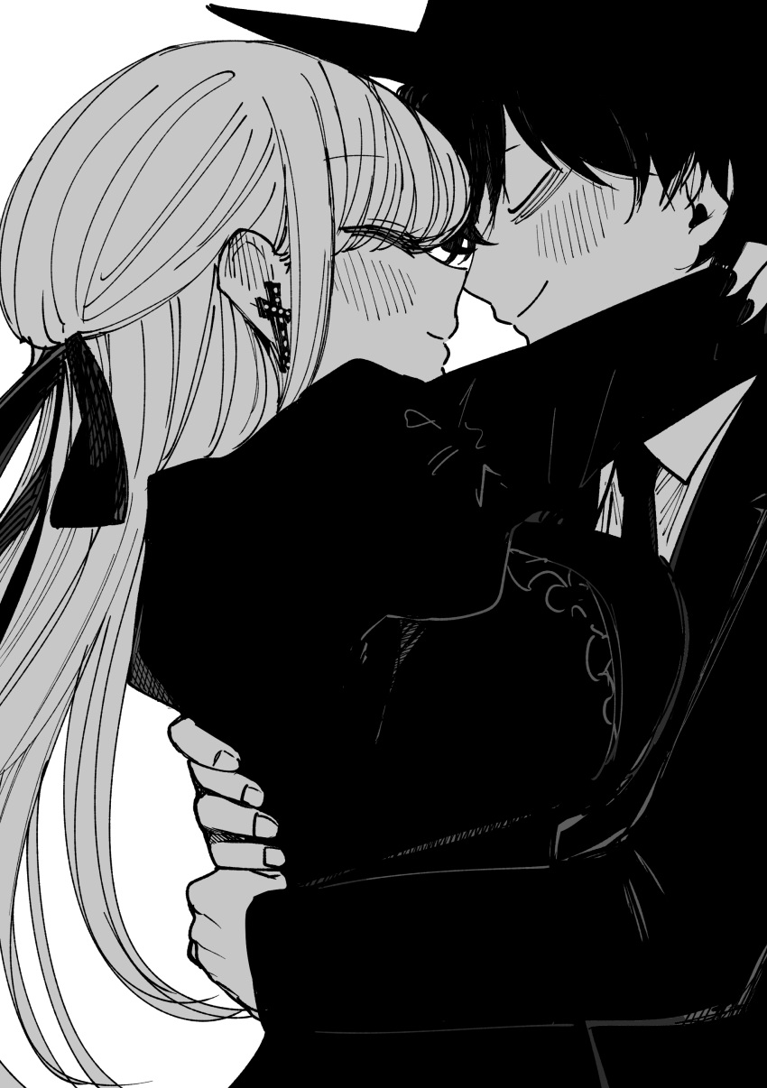 1boy 1girl absurdres alice_lendrott arms_around_neck arms_around_waist blush bocchan_(shinigami_bocchan_to_kuro_maid) closed_eyes closed_mouth collared_shirt couple cross cross_earrings dress ear_blush earrings face-to-face greyscale hair_ribbon hat hetero highres hug inoue_koharu jacket jewelry juliet_sleeves long_hair long_sleeves looking_at_another medium_bangs monochrome necktie official_art puffy_sleeves ribbon shinigami_bocchan_to_kuro_maid shirt short_hair sidelocks smile top_hat upper_body white_background