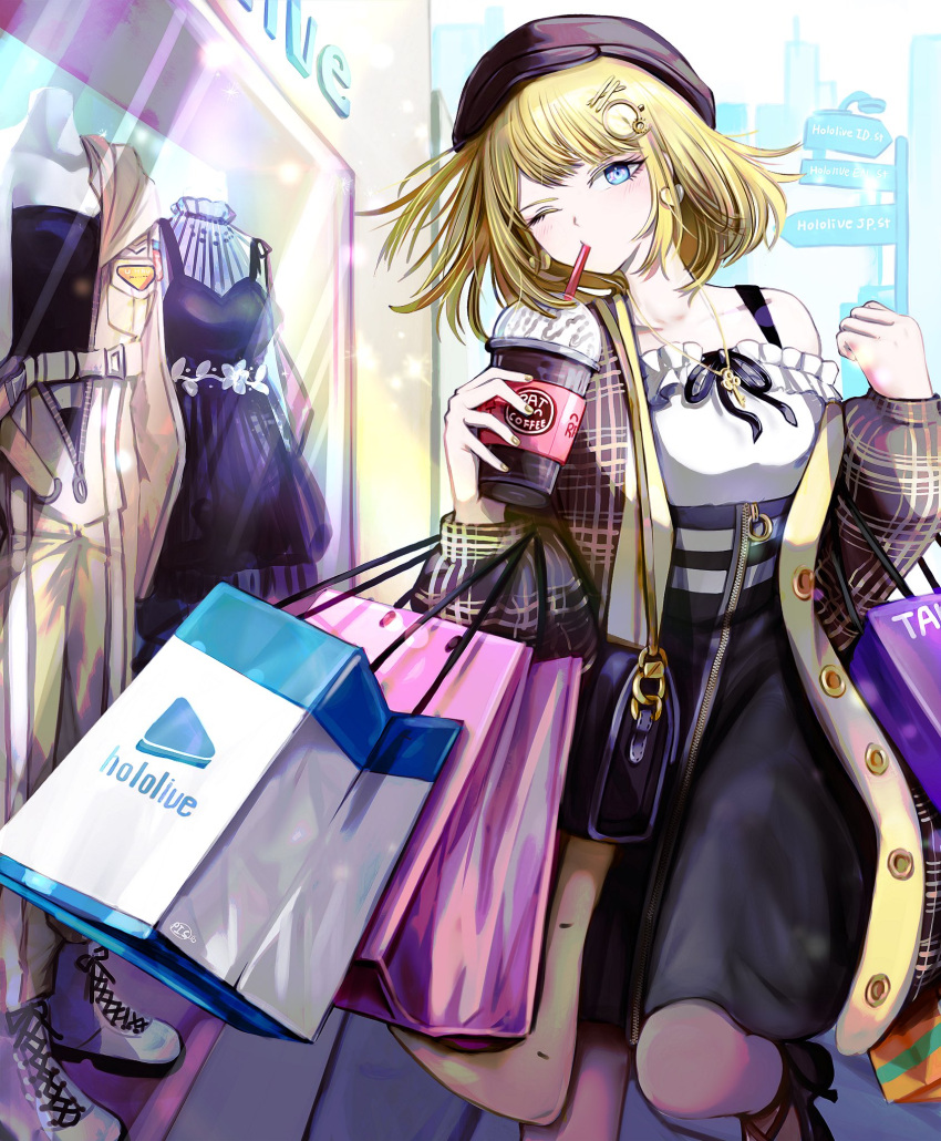 bag black_footwear black_hat black_pantyhose black_skirt blonde_hair blue_eyes brown_coat cabbie_hat coat commentary cup display disposable_cup earrings english_commentary frilled_shirt frills hair_ornament hairclip hand_up hat heart heart_earrings high-waist_skirt highres holding holding_cup hololive hololive_english jewelry off-shoulder_shirt off_shoulder official_alternate_hairstyle one_side_up pantyhose pitdoo plaid plaid_coat see-through see-through_legwear shirt shopping shopping_bag short_hair single_bare_shoulder skirt strappy_heels virtual_youtuber watson_amelia watson_amelia_(3rd_costume) watson_amelia_(astronaut) watson_amelia_(street_casual) white_shirt window_shopping zipper_skirt