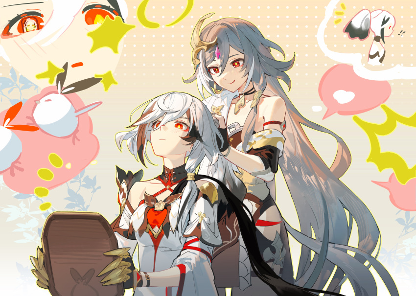 2girls absurdres bare_shoulders black_hair breasts bright_pupils commentary_request forehead_jewel fu_hua fu_hua_(fenghuang_of_vicissitude) fu_hua_(herrscher_of_sentience) grey_hair hair_between_eyes hair_ornament highres holding holding_mirror honkai_(series) honkai_impact_3rd licking_lips long_hair mirror multicolored_hair multiple_girls rafaelaaa red_eyes shirt small_breasts tongue tongue_out two-tone_hair tying_another's_hair very_long_hair white_pupils white_shirt