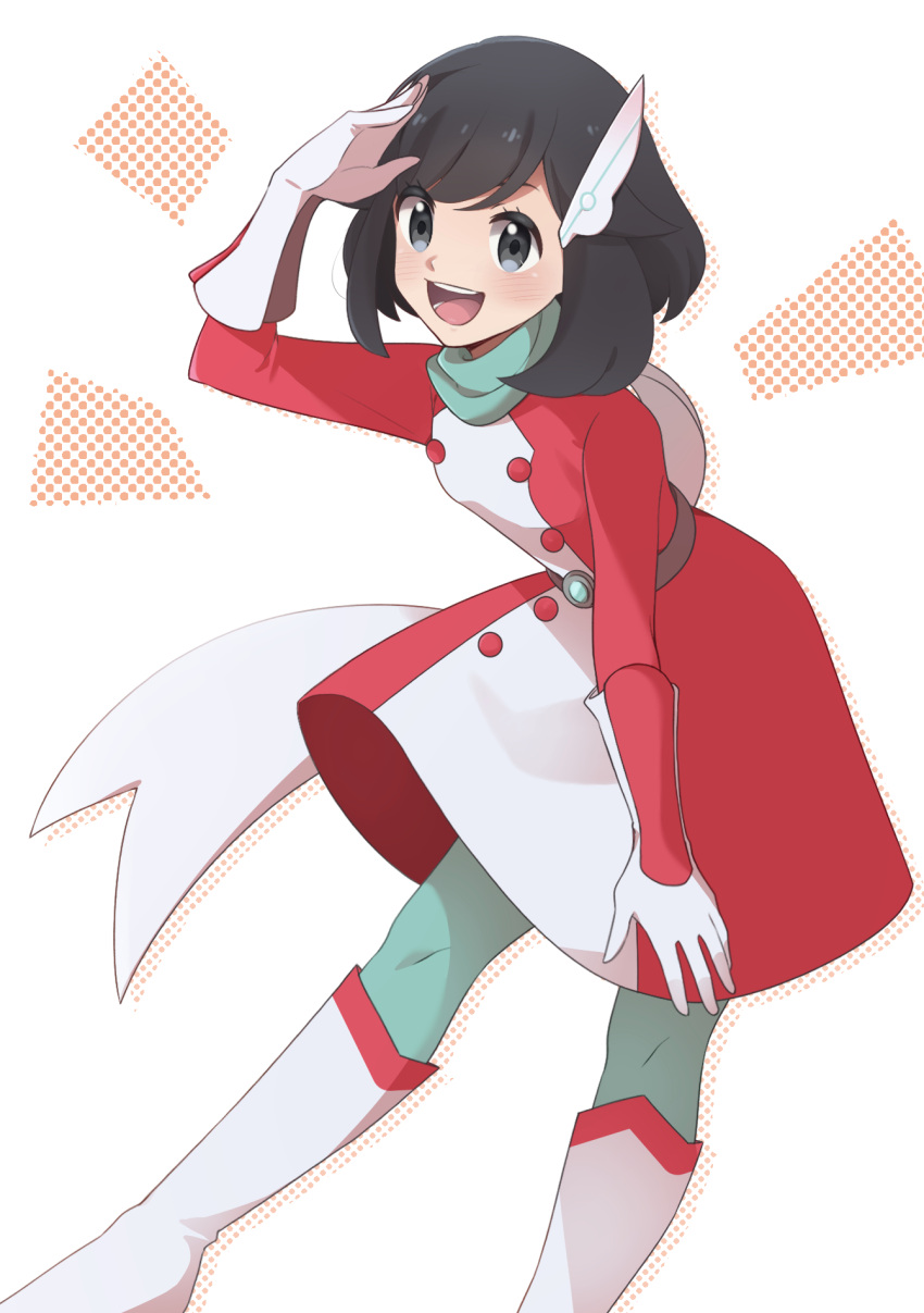 1girl :d black_eyes black_hair boots dress gloves hair_ornament highres looking_at_viewer official_alternate_costume open_mouth pantyhose pokemon pokemon_masters_ex red_dress salute scarf selene_(pokemon) selene_(special_costume)_(pokemon) short_hair smile solo teeth two-tone_dress white_dress white_footwear white_gloves yu062424