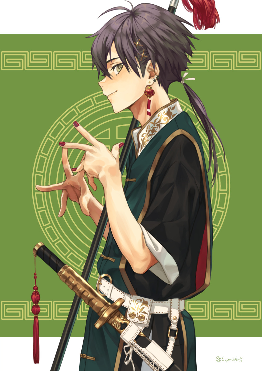 1boy absurdres ahoge akiwashi belt black_hair black_shirt chinese_clothes closed_mouth collar collared_shirt earrings from_side green_background green_eyes green_vest hair_between_eyes hair_ornament hairpin hands_up highres jewelry katana light_blush light_smile looking_at_viewer low_ponytail male_focus nail_polish original own_hands_together profile red_nails sheath shirt sleeves_rolled_up solo sword upper_body vest weapon white_belt white_collar