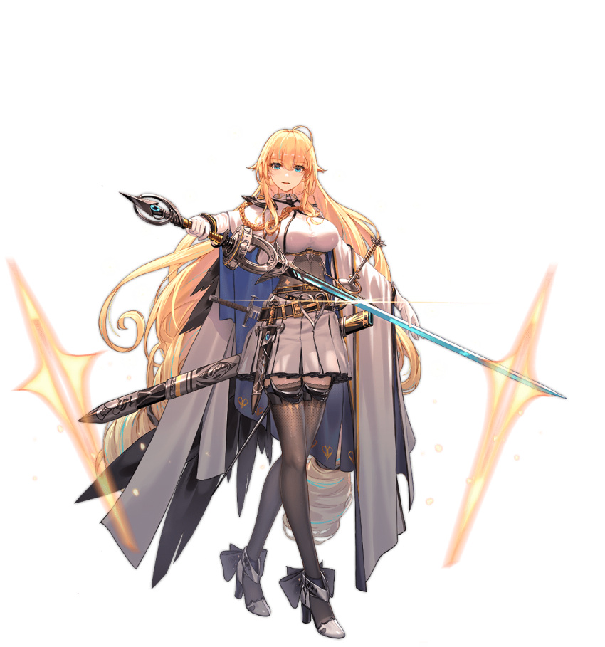 1girl ahoge ark_order belt black_thighhighs blonde_hair blue_eyes blush breasts freyr_(ark_order) full_body heart high_heels highres holding holding_sword holding_weapon knife legs long_hair official_art sheath sheathed shoes skirt sword thigh-highs third-party_source transparent_background very_long_hair weapon you_ni_ge_shaobing zettai_ryouiki