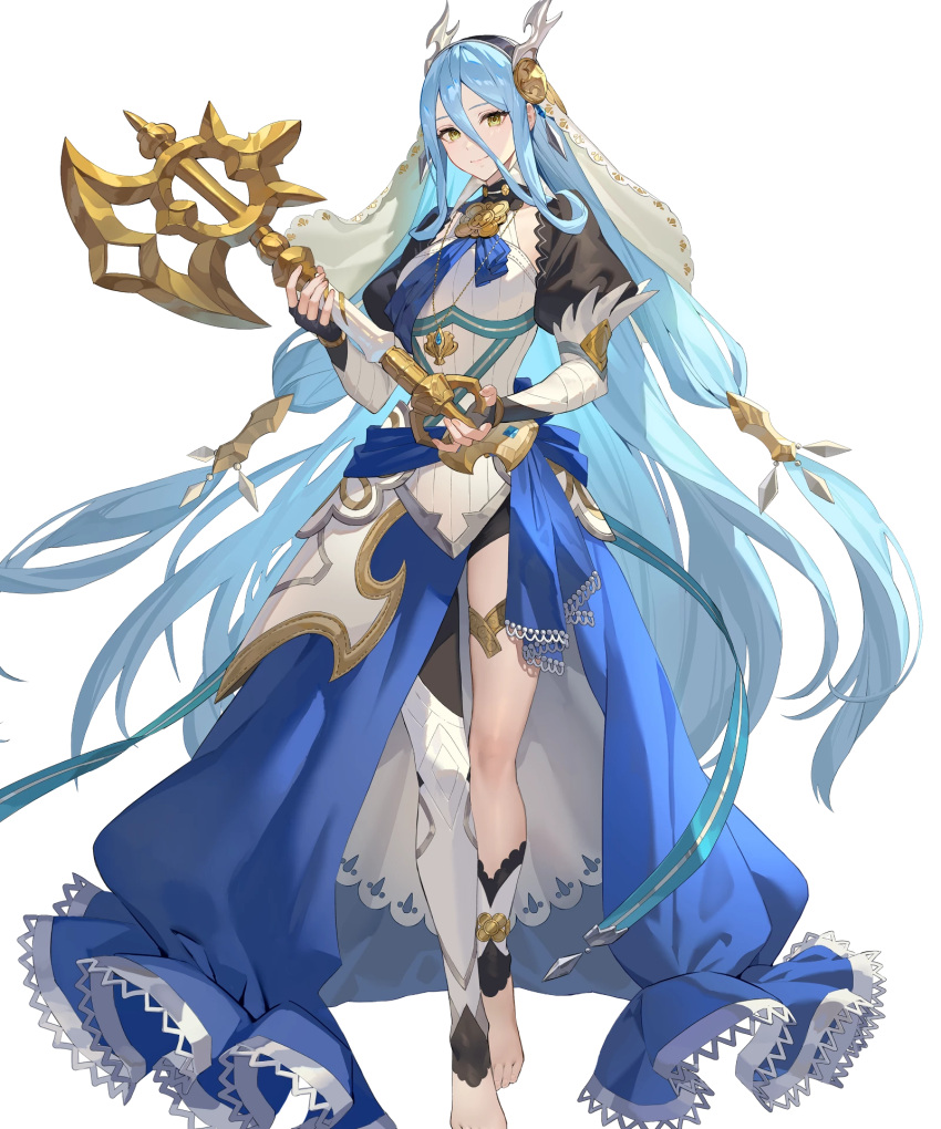 1girl axe azura_(fire_emblem) azura_(song's_reflection)_(fire_emblem) barefoot black_gloves blue_cape blue_hair blue_sash cape corrin_(female)_(fire_emblem) corrin_(female)_(fire_emblem)_(cosplay) corrin_(fire_emblem) cosplay dragon_horns fake_horns fingerless_gloves fire_emblem fire_emblem_fates fire_emblem_heroes gloves headdress highres holding holding_axe horns lace-trimmed_cape long_hair looking_at_viewer non-web_source official_alternate_costume official_art sash single_leg_pantyhose smile solo tachi-e thighlet very_long_hair waist_cape yellow_eyes
