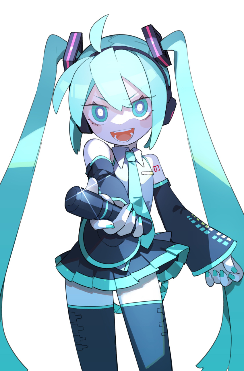 1girl absurdres ahoge aqua_eyes aqua_hair aqua_necktie bare_shoulders black_skirt black_sleeves black_thighhighs blue_nails blush_stickers bright_pupils cheri_zao collared_shirt cowboy_shot detached_sleeves hatsune_miku highres holding holding_microphone joints long_hair looking_at_viewer mechanical_parts microphone miniskirt necktie number_tattoo open_mouth pleated_skirt proto_miku_(cheri_zao) shadow shirt simple_background skirt sleeveless sleeveless_shirt smile solo standing tattoo thigh-highs very_long_hair vocaloid white_background white_pupils