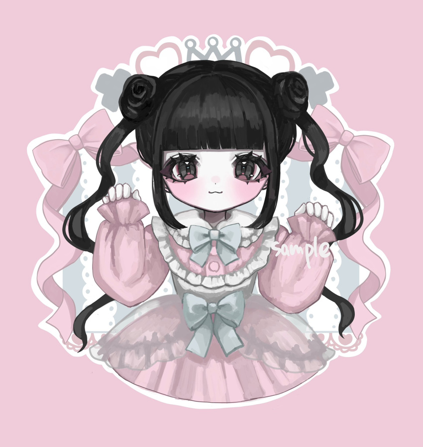1girl :3 black_hair blunt_bangs bow bowtie closed_mouth double_bun dress frilled_dress frills hair_bun hands_up highres long_hair long_sleeves looking_at_viewer original pinching_sleeves pink_background pink_dress pink_ribbon ribbon sample_watermark shiona_(siona0625) smile solo straight-on twintails upper_body watermark