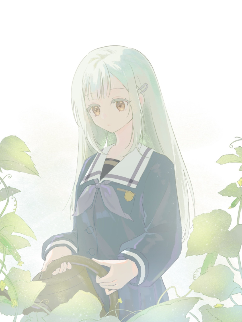 1girl bang_dream! bang_dream!_it's_mygo!!!!! blonde_hair blue_shirt blue_skirt closed_mouth commentary day expressionless green_hair grey_necktie hair_ornament hairclip hashtag-only_commentary highres holding holding_watering_can leaf long_hair long_sleeves necktie outdoors rokilly sailor_collar school_uniform shirt simple_background skirt solo tsukinomori_school_uniform wakaba_mutsumi watering_can white_background white_sailor_collar