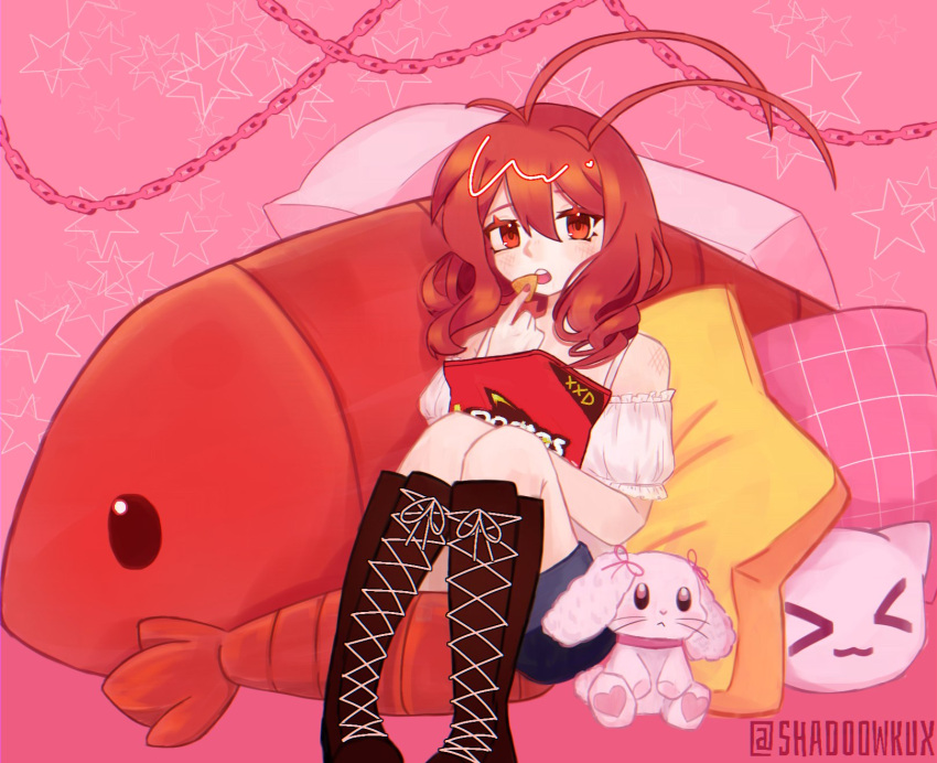 1girl antennae artist_name bare_shoulders black_footwear blue_shorts boots cat-shaped_pillow doritos dress drill_hair eating food funamusea highres holding holding_food lobco_(wadanohara) lobster lobster_girl lobster_tail looking_at_viewer mattress off-shoulder_dress off_shoulder oounabara_to_wadanohara open_mouth pillow pink_pillow plaid_pillow red_eyes redhead shad00wkux shorts sitting solo star-shaped_pillow stuffed_animal stuffed_lobster stuffed_rabbit stuffed_toy teeth twin_drills upper_teeth_only white_dress