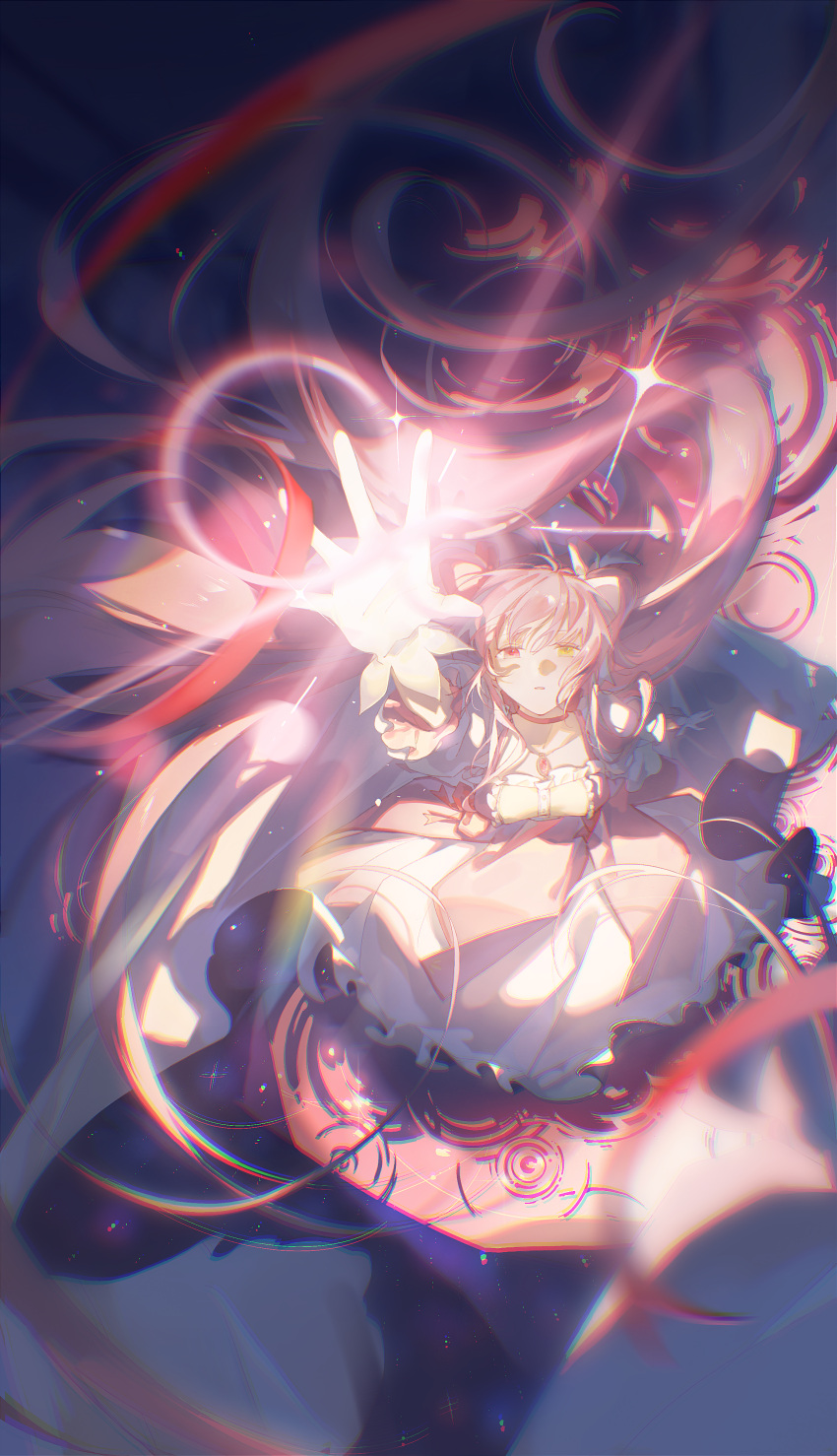 1girl absurdres arm_up blurry bow bubble_skirt chinese_commentary choker chromatic_aberration collarbone commentary_request depth_of_field dress dress_bow floating_hair foreshortening frilled_dress frilled_skirt frills from_above full_body goddess_madoka hair_bow heterochromia highres kaname_madoka lan2546426 long_hair looking_at_viewer looking_up mahou_shoujo_madoka_magica mahou_shoujo_madoka_magica_(anime) outstretched_arm parted_lips pink_dress pink_eyes pink_hair red_choker red_ribbon ribbon ripples skirt solo two_side_up very_long_hair white_skirt yellow_eyes