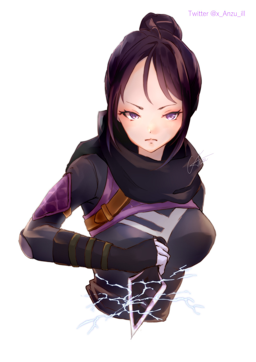 1girl absurdres animification anzu_(x_anzu_ill) apex_legends black_bodysuit black_gloves black_hair black_scarf bodysuit breasts frown gloves hair_bun highres holding holding_knife knife kunai large_forehead looking_at_viewer medium_breasts scarf signature single_hair_bun solo twitter_username violet_eyes weapon white_background wraith's_kunai wraith_(apex_legends)