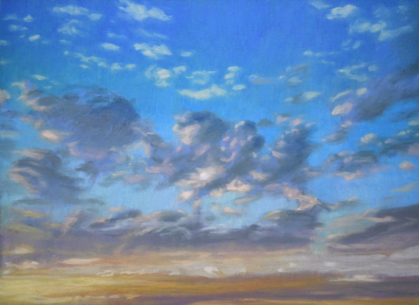 above_clouds absurdres blue_sky clouds cloudy_sky day highres naoya_ohtani no_humans orange_sky original painting_(medium) realistic scenery shadow sky sky_focus sunset traditional_media