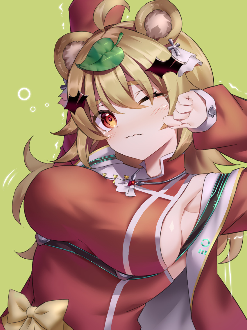 1girl absurdres ahoge airy_production animal_ears armpits arms_up blonde_hair bow breasts detached_sleeves hair_ornament hairclip highres large_breasts leaf leaf_on_head long_sleeves looking_at_viewer neit_ni_sei one_eye_closed raccoon_ears sideboob solo tears upper_body virtual_youtuber yashima_momiji_(vtuber) yellow_eyes