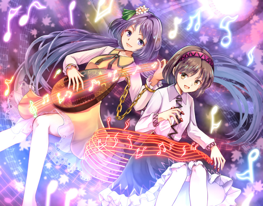 2girls :d beamed_eighth_notes biwa_lute black_skirt brown_eyes brown_hair chain collared_shirt commentary_request commission cuffs dress eighth_note feet_out_of_frame flower frilled_skirt frills hair_flower hair_ornament hairband highres holding holding_instrument instrument kachuten long_hair long_sleeves lute_(instrument) multiple_girls music musical_note playing_instrument plectrum purple_hair purple_hairband quarter_rest shackles shirt short_hair siblings sisters skeb_commission skirt smile staff_(music) touhou treble_clef tsukumo_benben tsukumo_yatsuhashi twintails violet_eyes yellow_dress