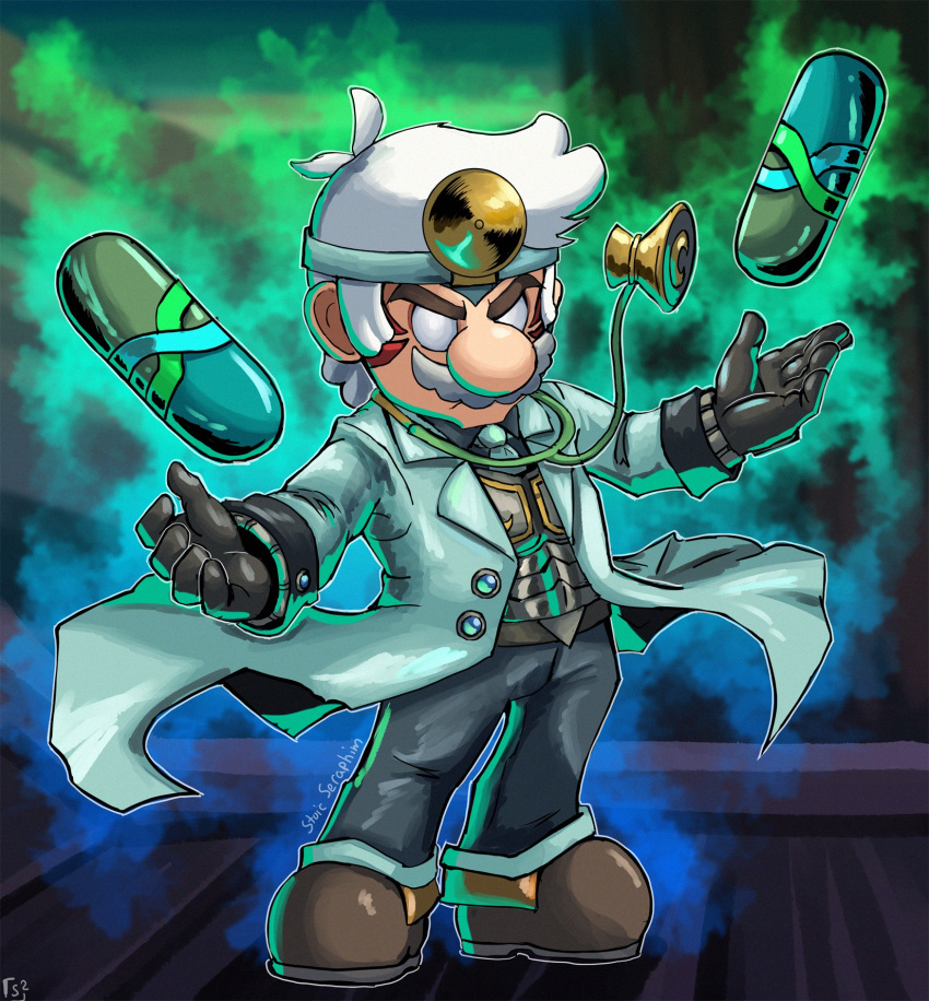 alternate_costume alternate_eye_color alternate_hair_color angry armor aura belt black_gloves blue_gemstone brown_footwear coat corruption crescent dark_persona doctor dr._mario dr._mario_(game) facial_hair fierce_deity frown gem gloves glowing highres lab_coat long_sleeves looking_at_viewer mario mustache pants pill possessed shoes short_hair standing stethoscope stoic_seraphim super_mario_bros. super_smash_bros. the_legend_of_zelda the_legend_of_zelda:_majora's_mask triangle white_hair
