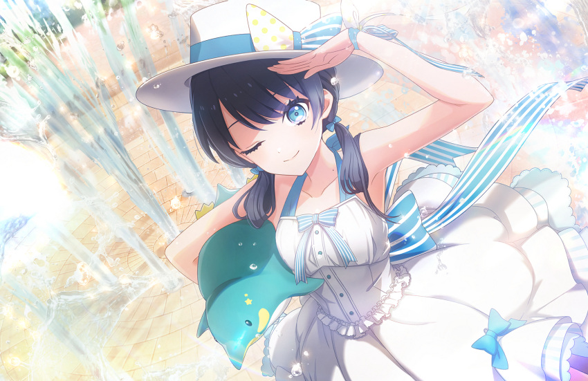 1girl ;) armpits back_bow blue_bow blue_eyes blue_hair blue_ribbon boater_hat bow closed_mouth collarbone cowboy_shot dark_blue_hair dress dutch_angle game_cg hair_bow hair_over_shoulder hair_ribbon halter_dress halterneck hat hat_bow highres holding holding_stuffed_toy link!_like!_love_live! long_hair looking_at_viewer love_live! low_twintails medium_dress mole mole_on_neck murano_sayaka official_art one_eye_closed penguin_ice_(love_live!) railing ribbon sailing_ship salute sleeveless sleeveless_dress smile solo striped_bow stuffed_animal stuffed_penguin stuffed_toy third-party_source twintails virtual_youtuber white_dress white_hat wrist_bow