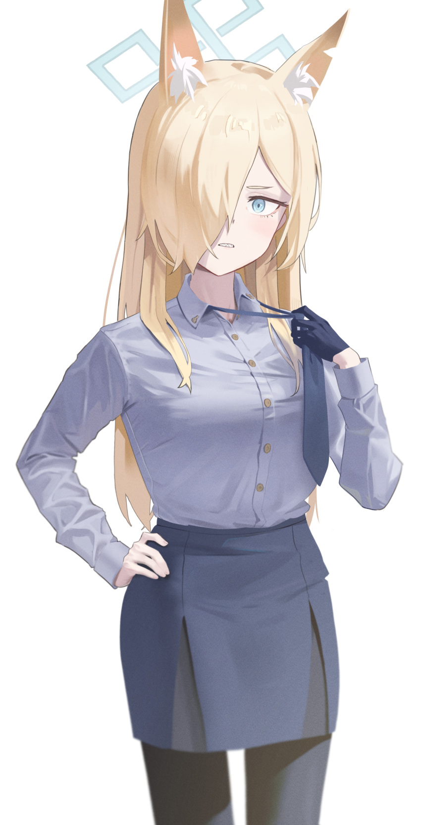 1girl absurdres animal_ear_fluff animal_ears black_gloves black_necktie black_pantyhose black_skirt blonde_hair blue_archive blue_eyes blue_halo blue_shirt blush breasts buttons clenched_teeth collared_shirt cowboy_shot extra_ears gloves hair_over_one_eye halo hand_on_own_hip highres kanna_(blue_archive) large_breasts long_hair long_sleeves losk necktie pantyhose pencil_skirt sharp_teeth shirt simple_background single_glove skirt solo teeth white_background