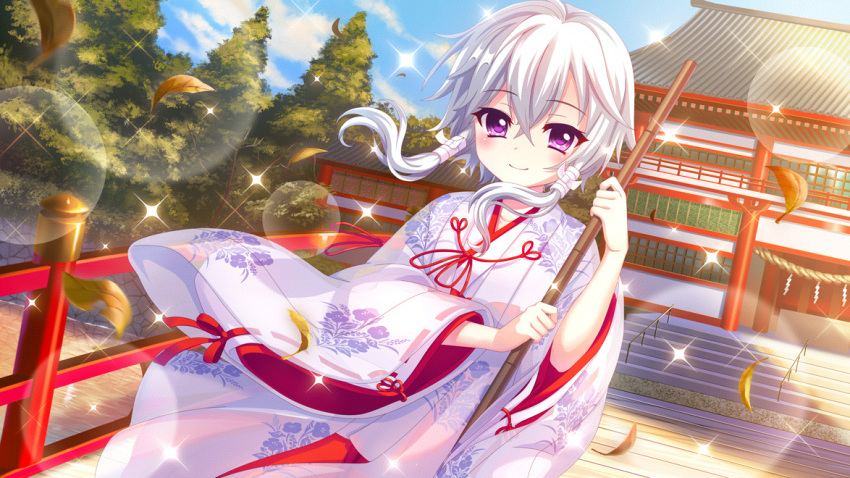 1girl architecture blue_sky bridge broom closed_mouth day dot_nose east_asian_architecture film_grain floral_print floral_print_kimono game_cg holding holding_broom ichijou_ruka izumi_tsubasu japanese_clothes kimono leaf lens_flare looking_at_viewer non-web_source official_art outdoors print_kimono re:stage! river short_hair_with_long_locks sky smile solo sparkle stairs tree violet_eyes white_hair white_kimono wind