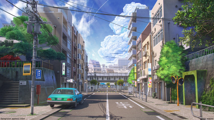 3d apartment balcony blue_sky bridge building car city clouds contrail cumulonimbus_cloud day highres mixed-language_commentary motor_vehicle no_humans original outdoors power_lines railing road road_sign scenery shrine sidewalk sign sitai_xiii sky stairs summer traffic_mirror tree utility_pole window