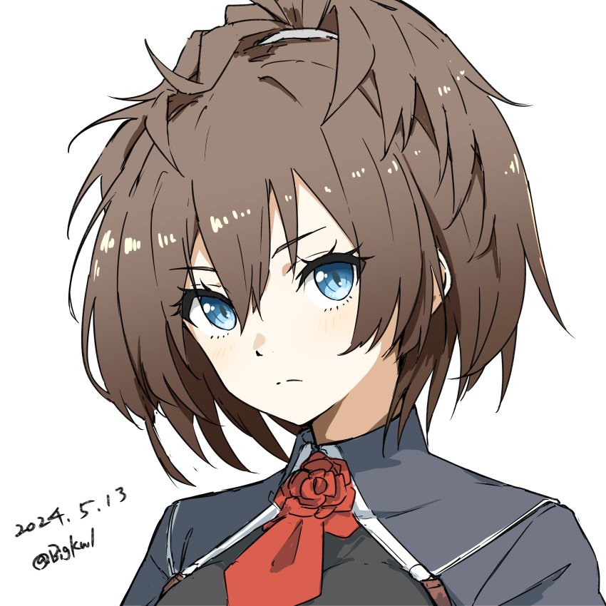1girl absurdres ascot bigkwl blue_eyes brown_hair dated flower hair_intakes highres kantai_collection messy_hair military_uniform neck_flower one-hour_drawing_challenge red_ascot red_flower red_rose rose sheffield_(kancolle) short_hair simple_background solo twitter_username uniform upper_body white_background