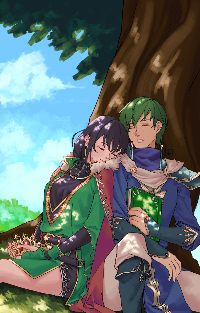 1boy 1girl absurdres black_hair blue_coat blue_sky book cape ced_(fire_emblem) closed_eyes clouds coat commission earrings english_commentary eyelashes fire_emblem fire_emblem:_thracia_776 fur-trimmed_cape fur_trim gold_trim green_coat green_hair highres holding holding_book holding_tiara jewelry long_hair mareeta_(astra_awakened)_(fire_emblem) mareeta_(fire_emblem) moccha_kofii on_grass outdoors red_cape short_hair sitting sky smile teeth