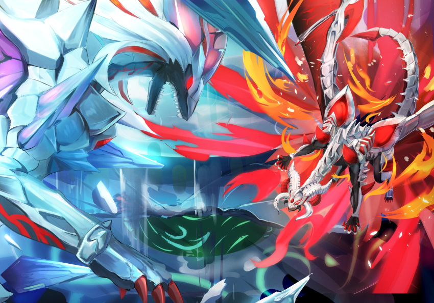 albaz_(yu-gi-oh!) aluber_(yu-gi-oh!) dragon dragon_claw dragon_horns dragon_wings duel_monster fire highres horns ice looking_at_another lubellion_the_searing_dragon mirrorjade_the_iceblade_dragon red_eyes sharp_teeth spiked_tail tail teeth user_arrf3533 wings yu-gi-oh!