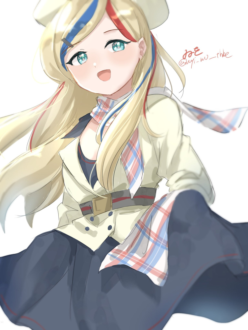 1girl artist_name black_dress blonde_hair blue_eyes blue_hair commandant_teste_(kancolle) dress highres jacket kantai_collection long_hair multicolored_clothes multicolored_hair multicolored_scarf one-hour_drawing_challenge plaid plaid_scarf redhead scarf simple_background smile solo streaked_hair twitter_username wavy_hair white_background white_hair white_hat white_jacket wiwo