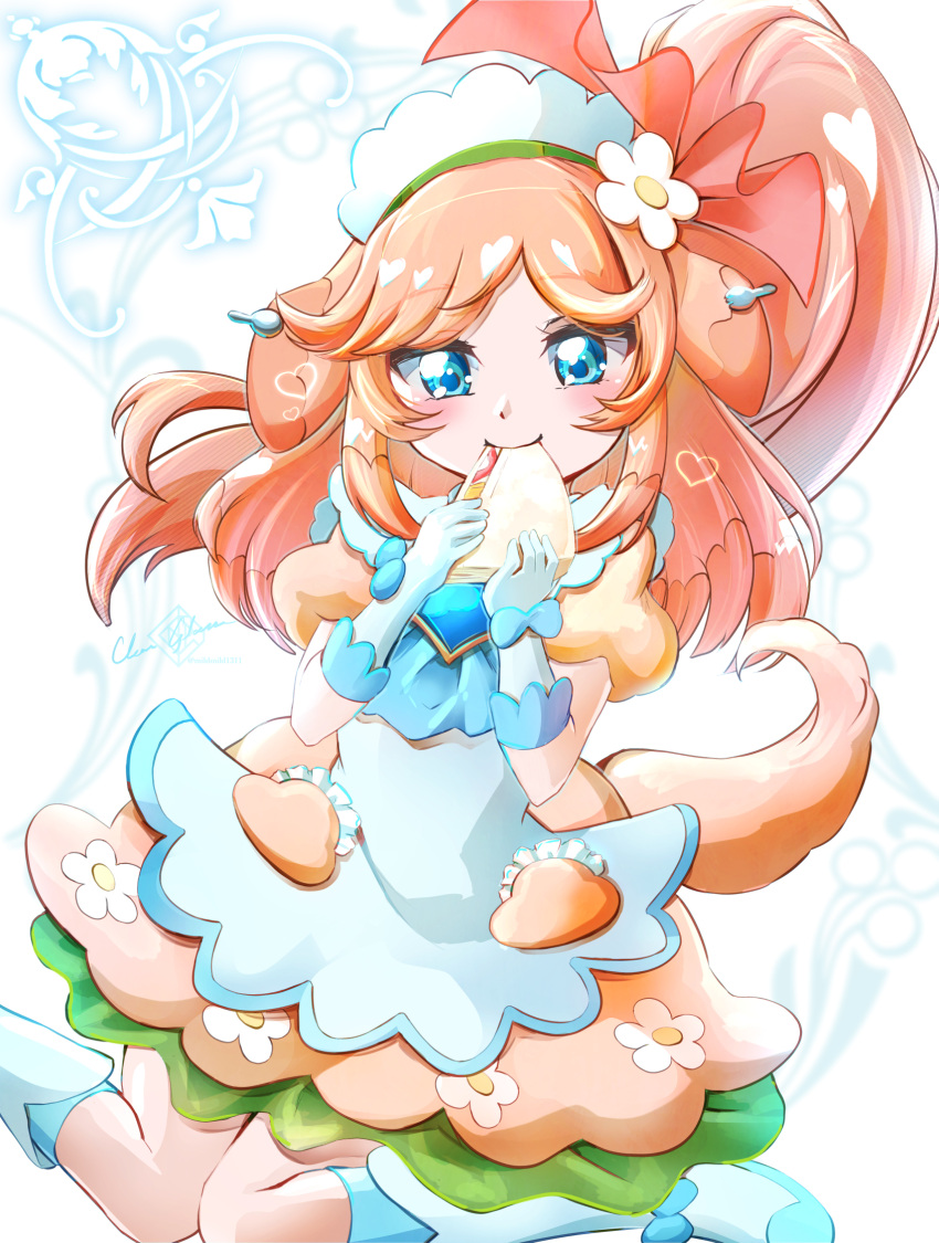 1girl animal_ears artist_name blue_eyes clear_glass_(mildmild1311) commentary_request delicious_party_precure dog_ears dog_girl dog_tail dress eating eyelashes flower food gloves hair_flower hair_ornament happy highres looking_at_viewer magical_girl medium_hair pam-pam_(precure) pam-pam_(precure)_(human) pam-pam_(precure)_(human)_(children's_lunch_dress) precure puffy_short_sleeves puffy_sleeves short_sleeves smile solo standing tail twitter_username