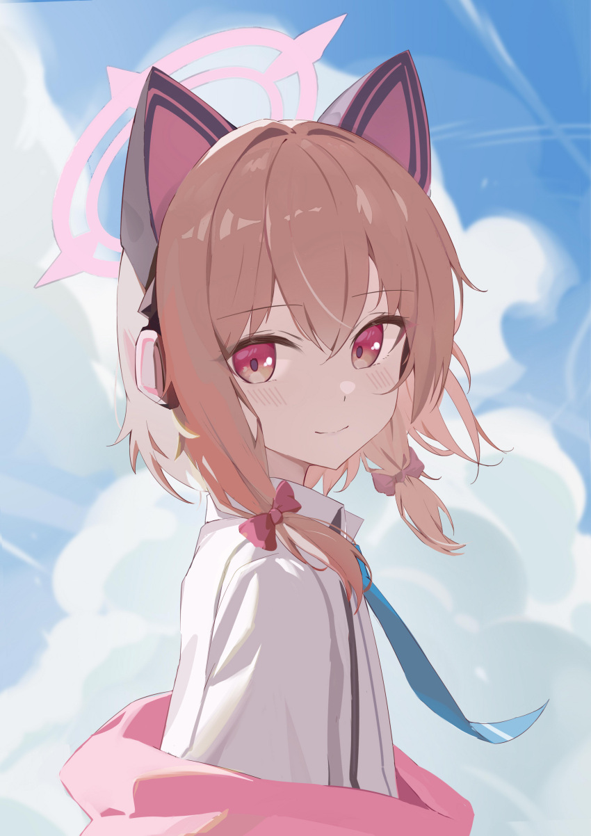 1girl absurdres animal_ear_headphones animal_ears blue_archive blue_necktie blue_sky blush bow brown_hair cat_ear_headphones closed_mouth clouds cloudy_sky collared_shirt commentary_request day fake_animal_ears from_side hair_between_eyes hair_bow halo headphones highres long_sleeves looking_at_viewer momoi_(blue_archive) necktie outdoors pink_bow pink_eyes pink_halo shirt short_hair sidelocks sky smile solo standing suspenders user_cthg5453 white_shirt