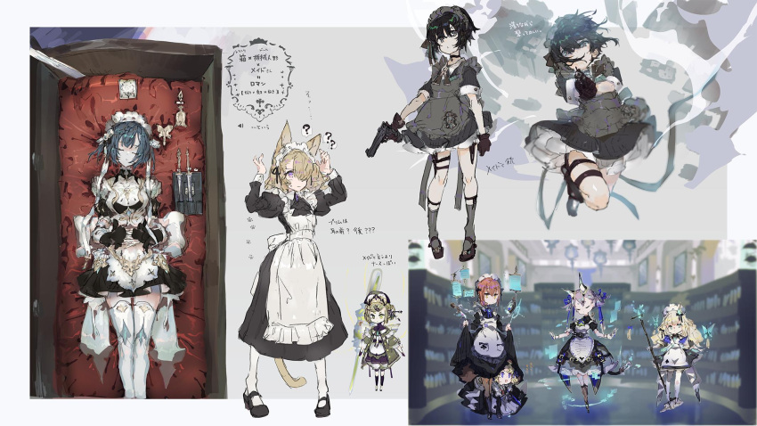 6+girls :o ? ?? alternate_costume animal_ears ankle_socks apron back_bow bell belt belt_buckle black_belt black_bow black_bowtie black_choker black_dress black_footwear black_gloves black_hair black_hat black_ribbon black_sleeves black_socks blonde_hair blue_butterfly blue_eyes blue_flower blue_hair blue_ribbon boots border bow bow_apron bowtie brooch broom brown_apron brown_hairband brown_socks buckle bug butterfly cat_ears cat_girl cat_tail choker clenched_hand closed_eyes clothes_lift coffin collar collared_dress commentary_request covered_mouth dagger double_bun dress enmaided firing flower frilled_apron frilled_dress frills full_body gloves green_jacket green_sleeves grey_background grey_socks gun hair_bow hair_bun hair_flower hair_ornament hair_over_one_eye hair_ribbon hairband hairpin hands_up hat heart heart_print height_difference highres holding holding_broom holding_gun holding_weapon indoors jacket jewelry juliet_sleeves kneehighs knife knife_sheath leg_belt library long_sleeves lying maid maid_headdress mary_janes medium_hair multiple_belts multiple_girls multiple_views on_back open_clothes open_jacket open_mouth original outside_border own_hands_together pantyhose parade pocket pointing_gun puffy_short_sleeves puffy_sleeves purple_hair redhead ribbon sheath shoes short_dress short_hair short_sleeves simple_background skirt skirt_lift smile smoke socks striped_bow tail thigh-highs thigh_belt thigh_strap tokino_kito translation_request violet_eyes weapon white_apron white_border white_bow white_collar white_hairband white_pantyhose white_thighhighs yellow_eyes