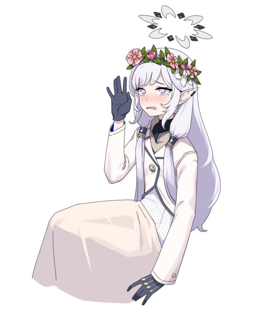 1girl artpatient black_gloves blue_archive blunt_bangs blush flat_chest flower_wreath gloves halo highres himari_(blue_archive) long_hair mole mole_under_eye open_mouth pointy_ears simple_background sitting skirt solo violet_eyes white_background white_hair