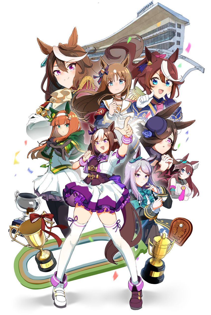 6+girls :o absurdres animal_ears armband ascot asymmetrical_footwear black_coat blue_eyes blue_hat boots bow bowtie breasts brown_hair brown_vest capelet closed_mouth coat confetti cropped_jacket cup ear_bow epaulettes fingers_to_cheeks floating_hair grass_wonder_(umamusume) green_eyes hair_over_one_eye hairband highres holding holding_cup horse_ears horse_girl horse_tail hukurou96 jacket long_hair long_sleeves medium_breasts mejiro_mcqueen_(umamusume) mihono_bourbon_(umamusume) miniskirt mismatched_footwear multicolored_hair multiple_girls neck_ribbon open_mouth orange_hair outstretched_arm own_hands_clasped own_hands_together petticoat pink_eyes pointing ponytail purple_footwear purple_hair racetrack reaching reaching_towards_viewer ribbon rice_shower_(umamusume) shirt silence_suzuka_(umamusume) single_epaulette skirt smile special_week_(umamusume) streaked_hair symboli_rudolf_(umamusume) tail teacup thigh-highs tokai_teio_(umamusume) trophy two-tone_hair umamusume vest white_ascot white_background white_footwear white_hair white_jacket white_shirt white_skirt white_thighhighs wristband