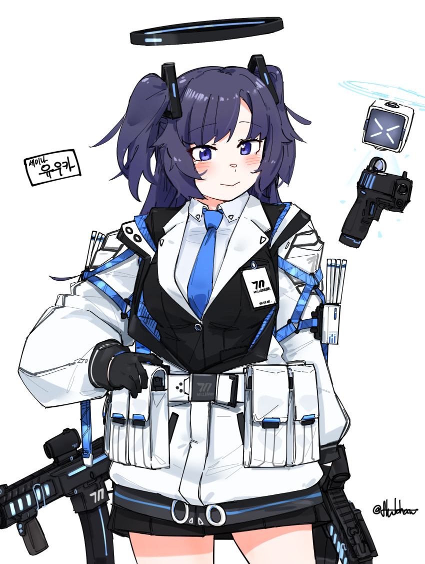 1girl black_skirt blue_archive blue_necktie blush breasts closed_mouth collared_shirt cowboy_shot drone flukhan gun halo highres jacket large_breasts long_hair long_sleeves mechanical_halo necktie pleated_skirt purple_hair shirt simple_background skirt smile solo suit two_side_up violet_eyes weapon white_background white_jacket white_shirt yuuka_(blue_archive)