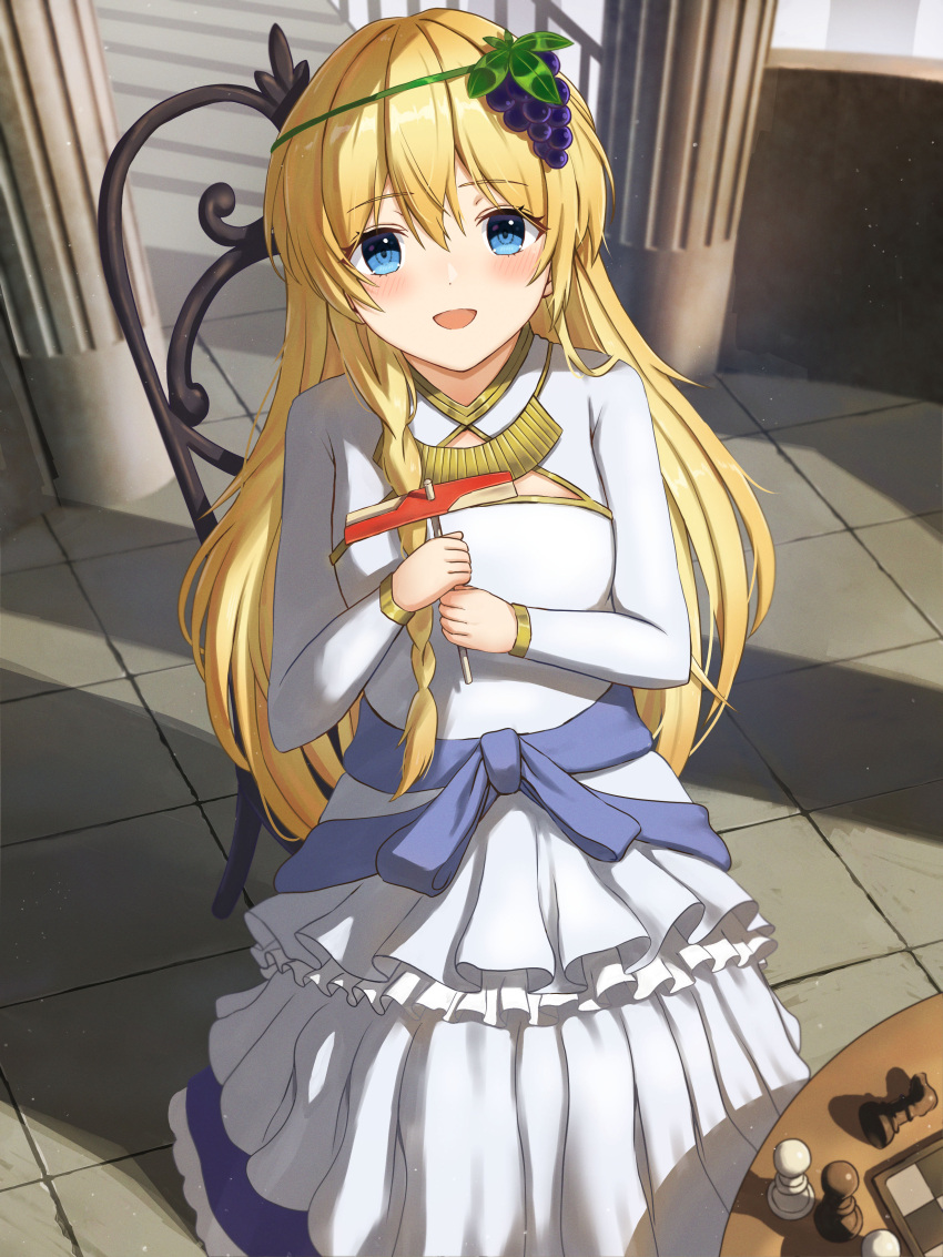 1girl absurdres blonde_hair blue_eyes blush braid chair chess_piece chessboard cleavage_cutout clothing_cutout dress food-themed_hair_ornament grape_hair_ornament hair_ornament highres holding holding_toy iris_(konosuba) isome jewelry kono_subarashii_sekai_ni_shukufuku_wo! long_dress long_hair long_sleeves looking_at_viewer necklace on_chair open_mouth smile solo toy white_dress