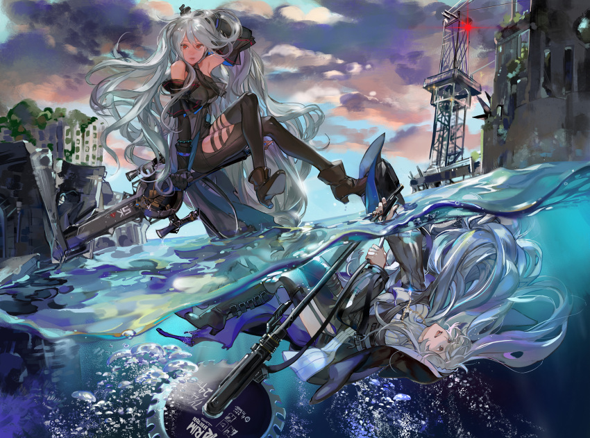 2girls air_bubble arknights arm_up bare_shoulders black_footwear black_nails black_pantyhose boots bubble character_request closed_mouth clothing_cutout clouds crossed_legs day grey_hair high_heel_boots high_heels highres long_hair looking_at_viewer multicolored_hair multiple_girls noir_(ibaraki) outdoors pantyhose partially_underwater_shot purple_hair red_eyes ruins saw sitting sky streaked_hair thigh_boots thigh_cutout tower upside-down water weapon