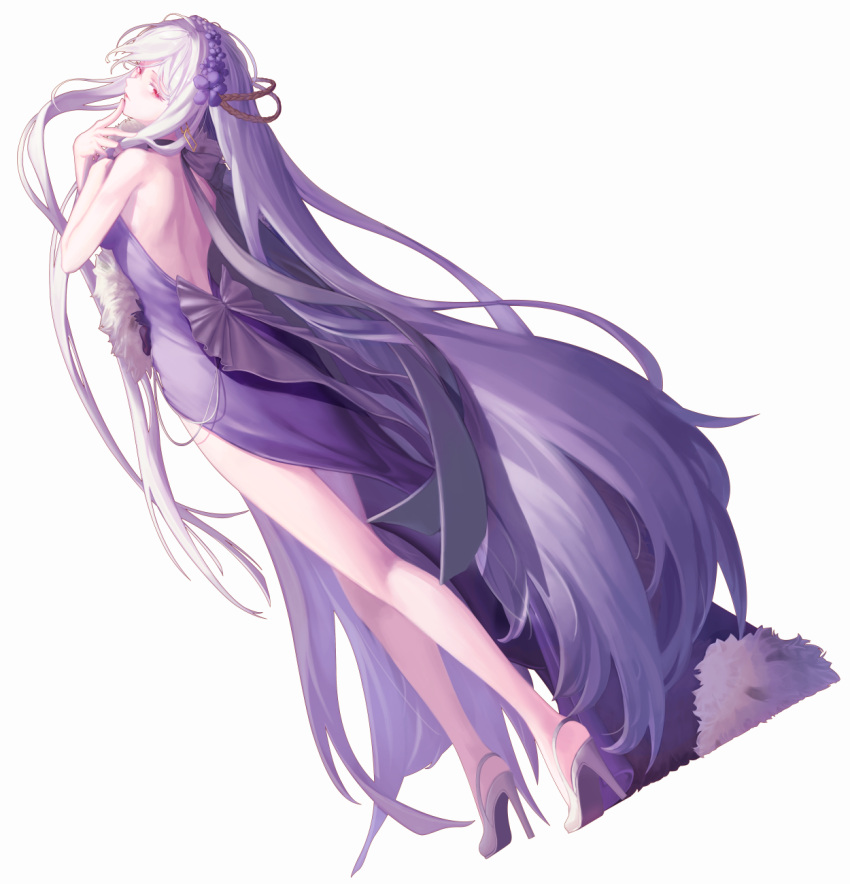 1girl backless_dress backless_outfit dress english_commentary flower_hairband from_behind full_body girls_frontline hand_on_own_chin high_heels highres kar98k_(girls'_frontline) long_hair looking_at_viewer official_alternate_costume purple_dress red_eyes simple_background solo tea_line very_long_hair white_background white_hair