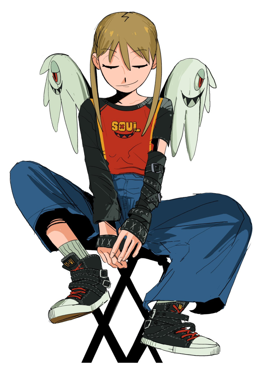 1girl between_legs blonde_hair blue_pants closed_eyes copyright_name full_body hand_between_legs highres maka_albarn nineinsweet own_hands_together pants shoes simple_background sitting smile sneakers solo soul_eater twintails white_background