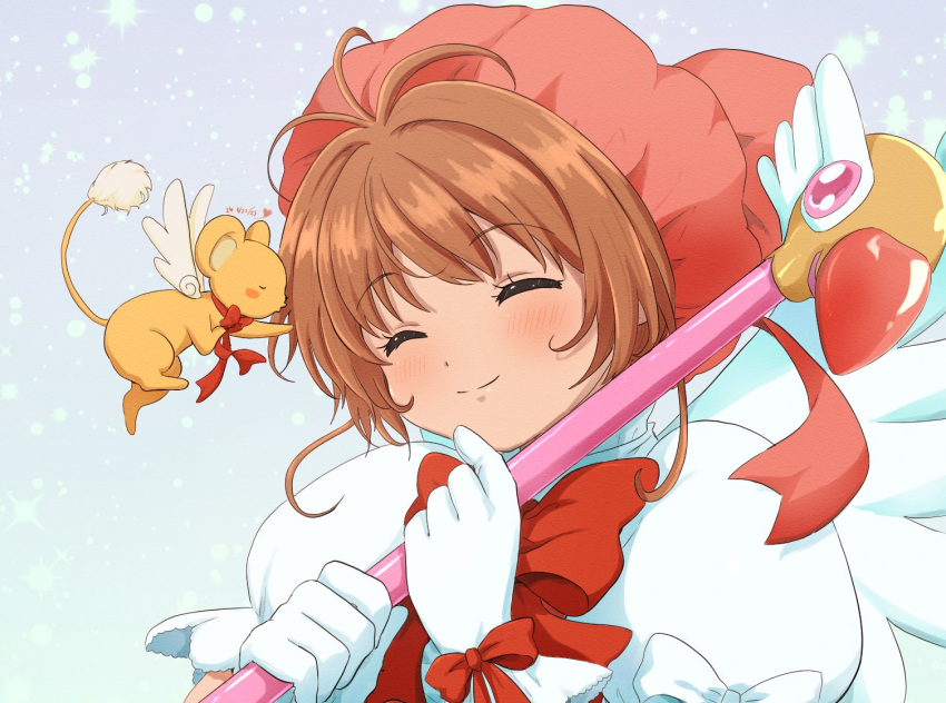 1girl antenna_hair blush bow bowtie brown_hair cardcaptor_sakura closed_eyes commentary_request dress feng_(feng_efu) fuuin_no_tsue gloves holding holding_wand kero_(cardcaptor_sakura) kinomoto_sakura magical_girl pink_hat short_hair smile solo upper_body wand white_gloves